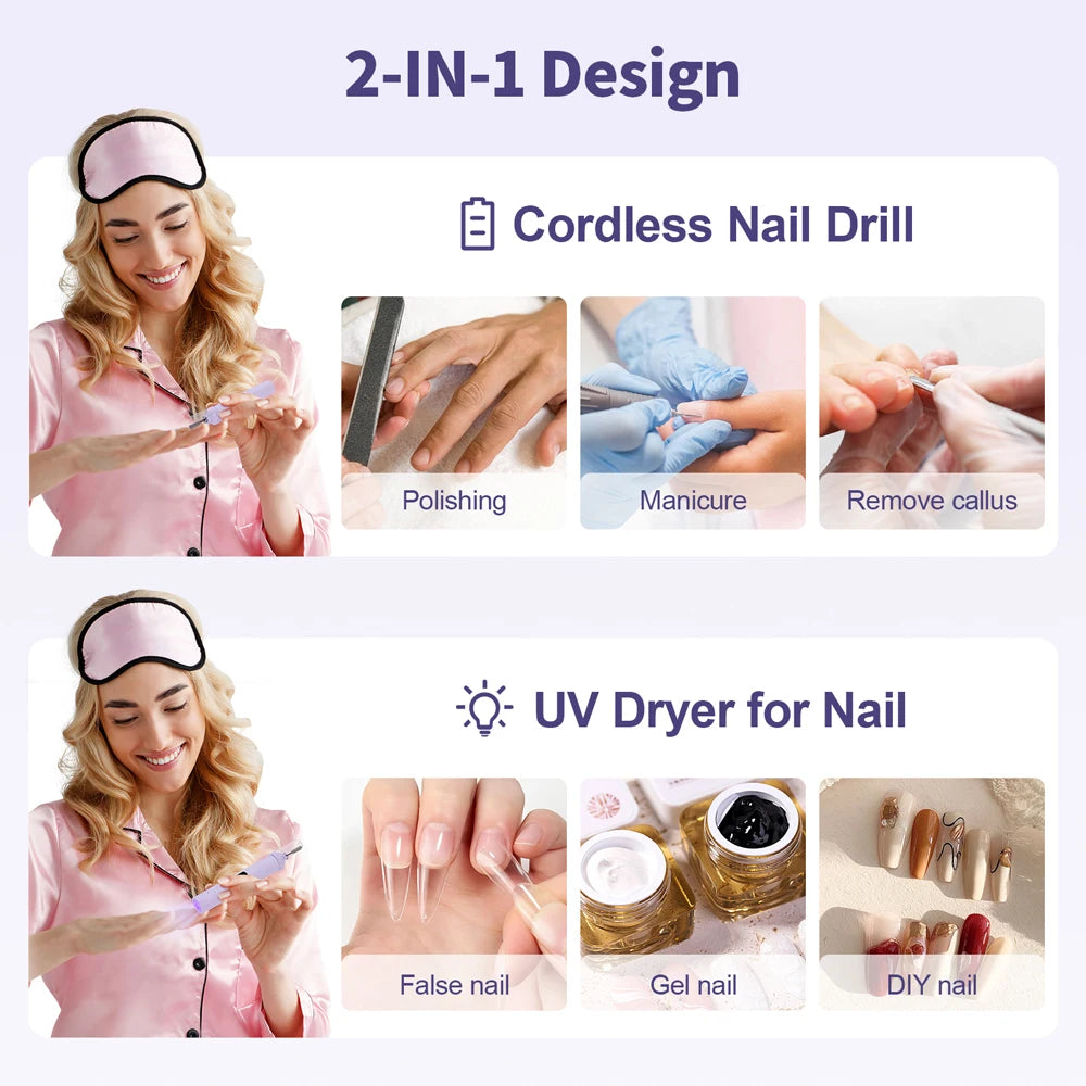 Wireless Mini Nail Drill Pen – 2-in-1 UV Lamp & Manicure Tool
