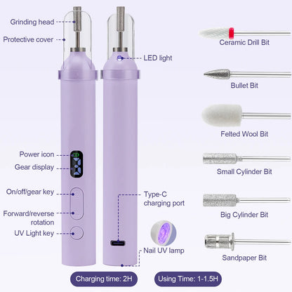 Wireless Mini Nail Drill Pen – 2-in-1 UV Lamp & Manicure Tool